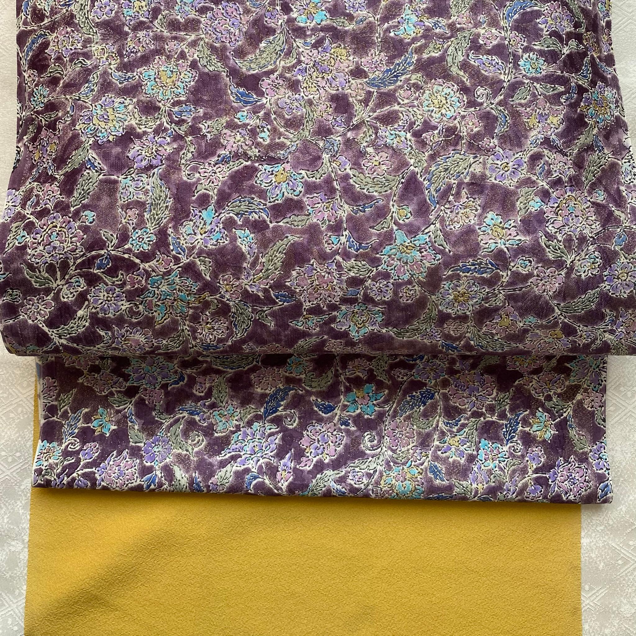 《未仕立て》手染め摺型友禅金糸帯 全通京更紗柄【草花】紫 | 2枚目